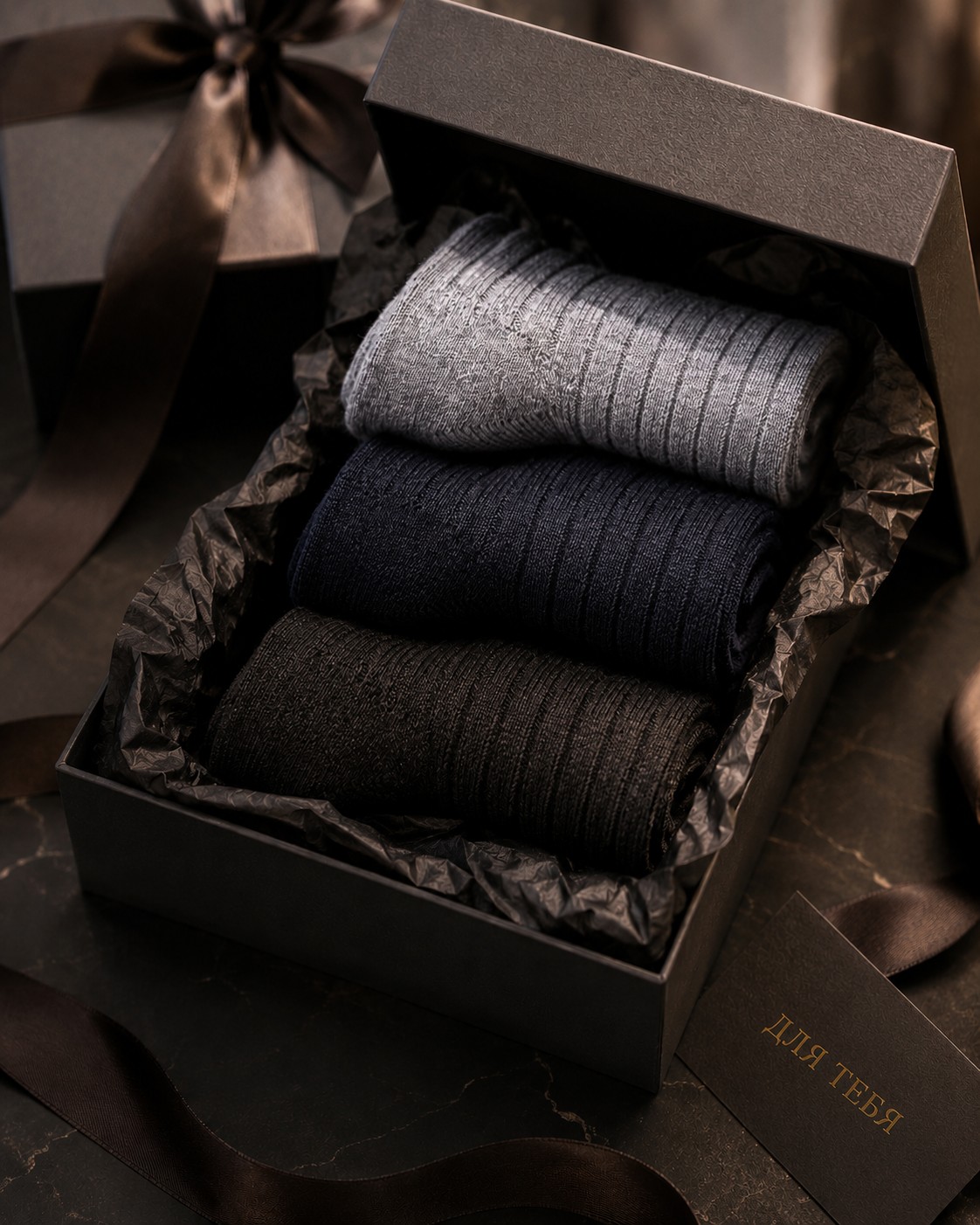Gift box with three pairs of ribbed socks
