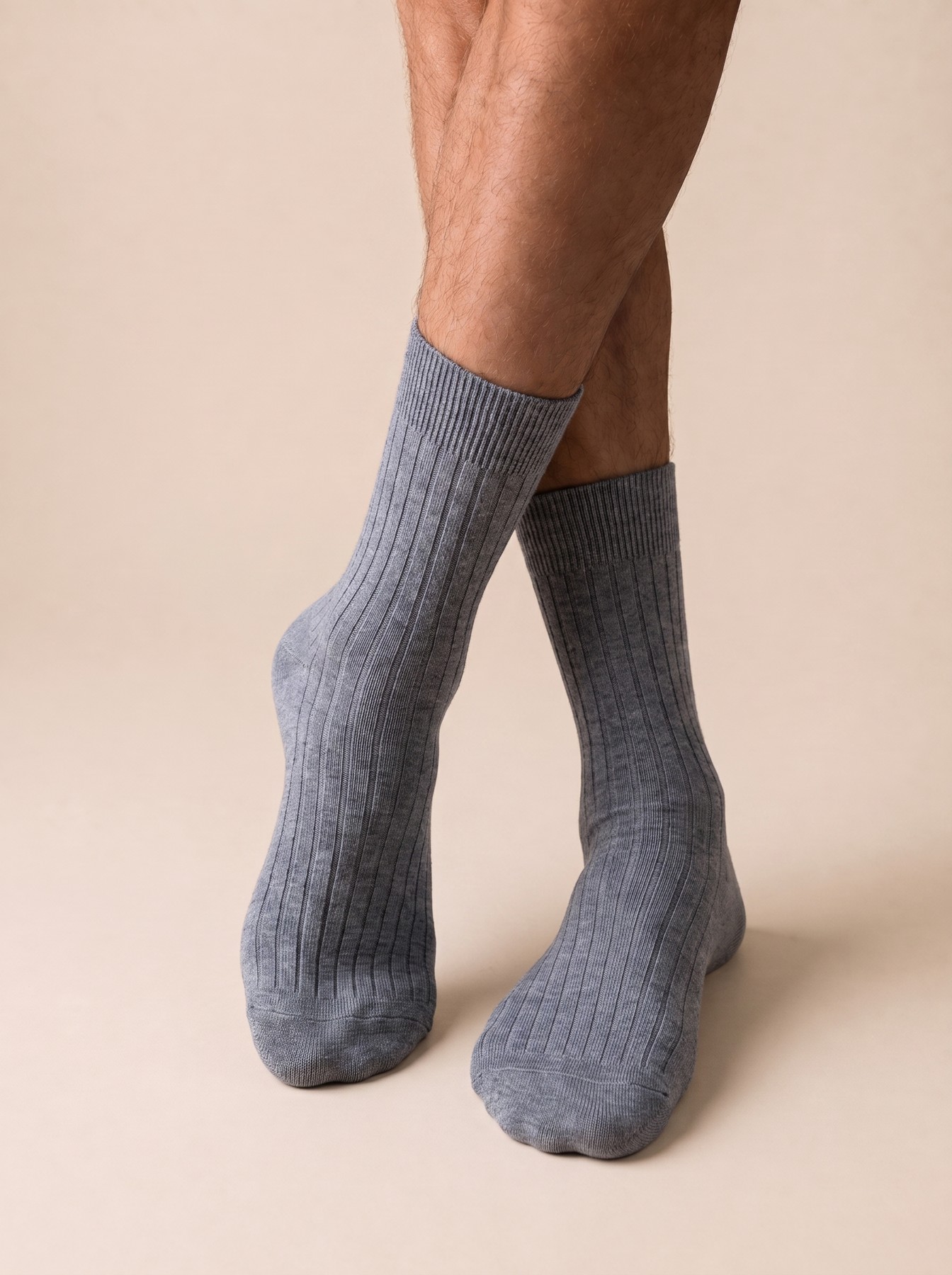 Grey ribbed socks shown on feet