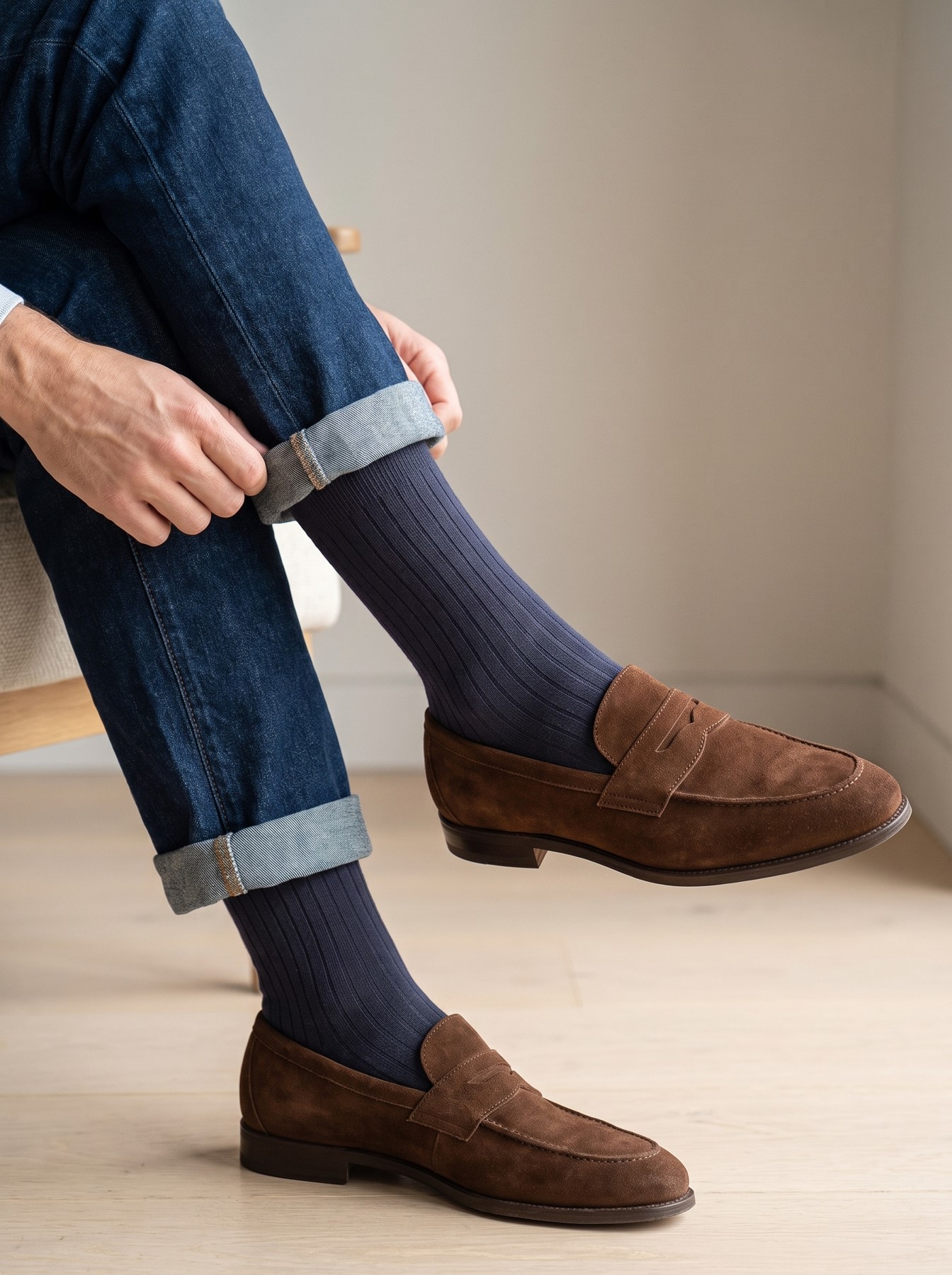 Dark ribbed socks with jeans and suede loafers