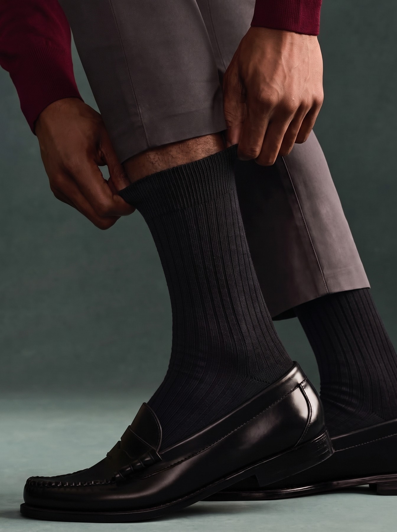 Black ribbed socks with tailored trousers and leather shoes