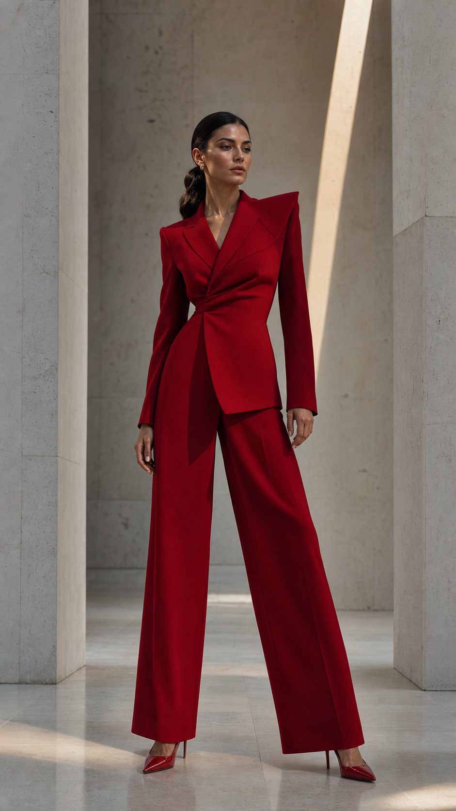 Model in a red tailored suit framed by tall stone columns