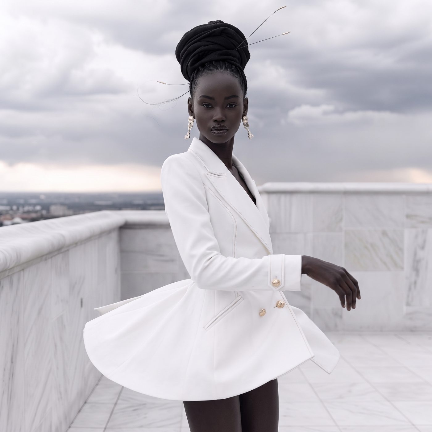 Sculptural white tailoring on a model against a cloudy sky