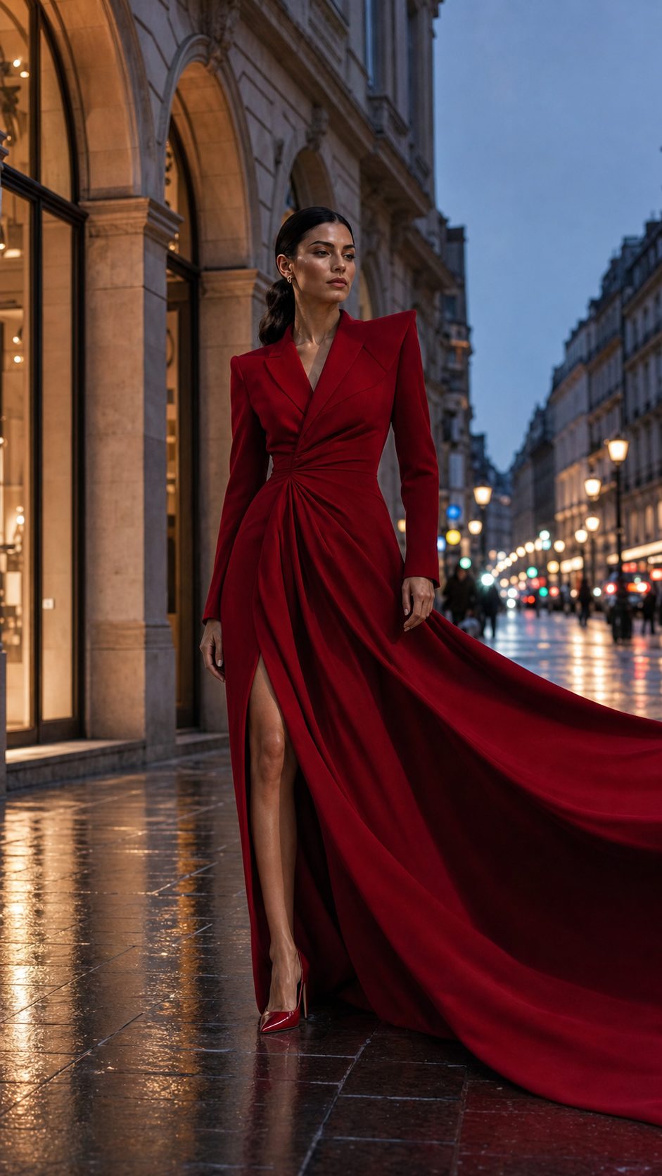 Red evening dress in a city street at dusk
