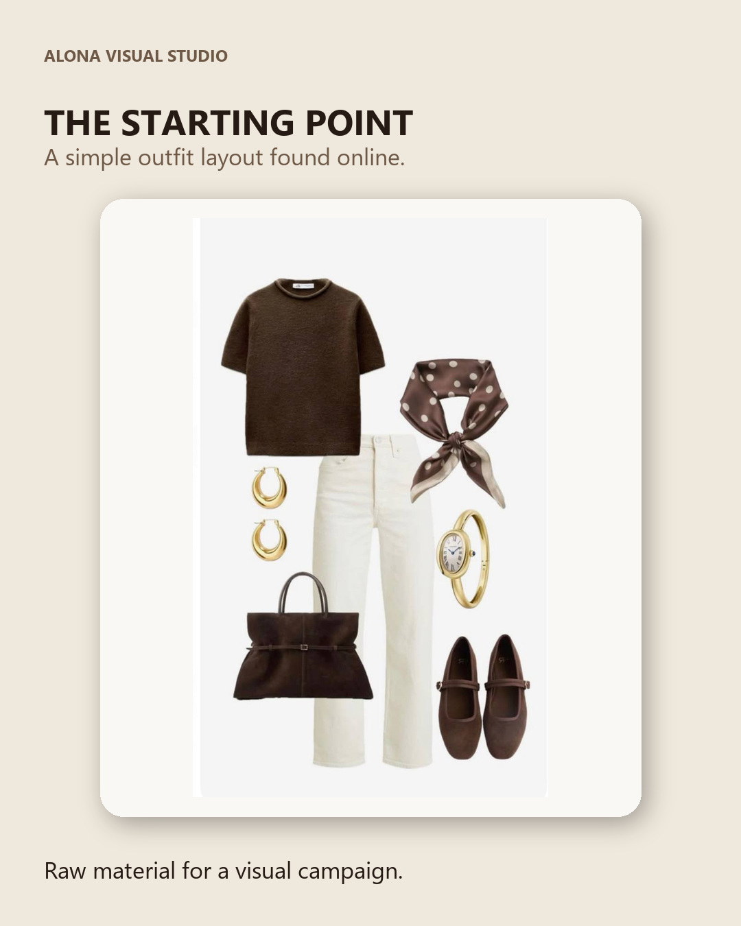 Starting point: flat-lay outfit reference with shirt, trousers, scarf, bag and shoes