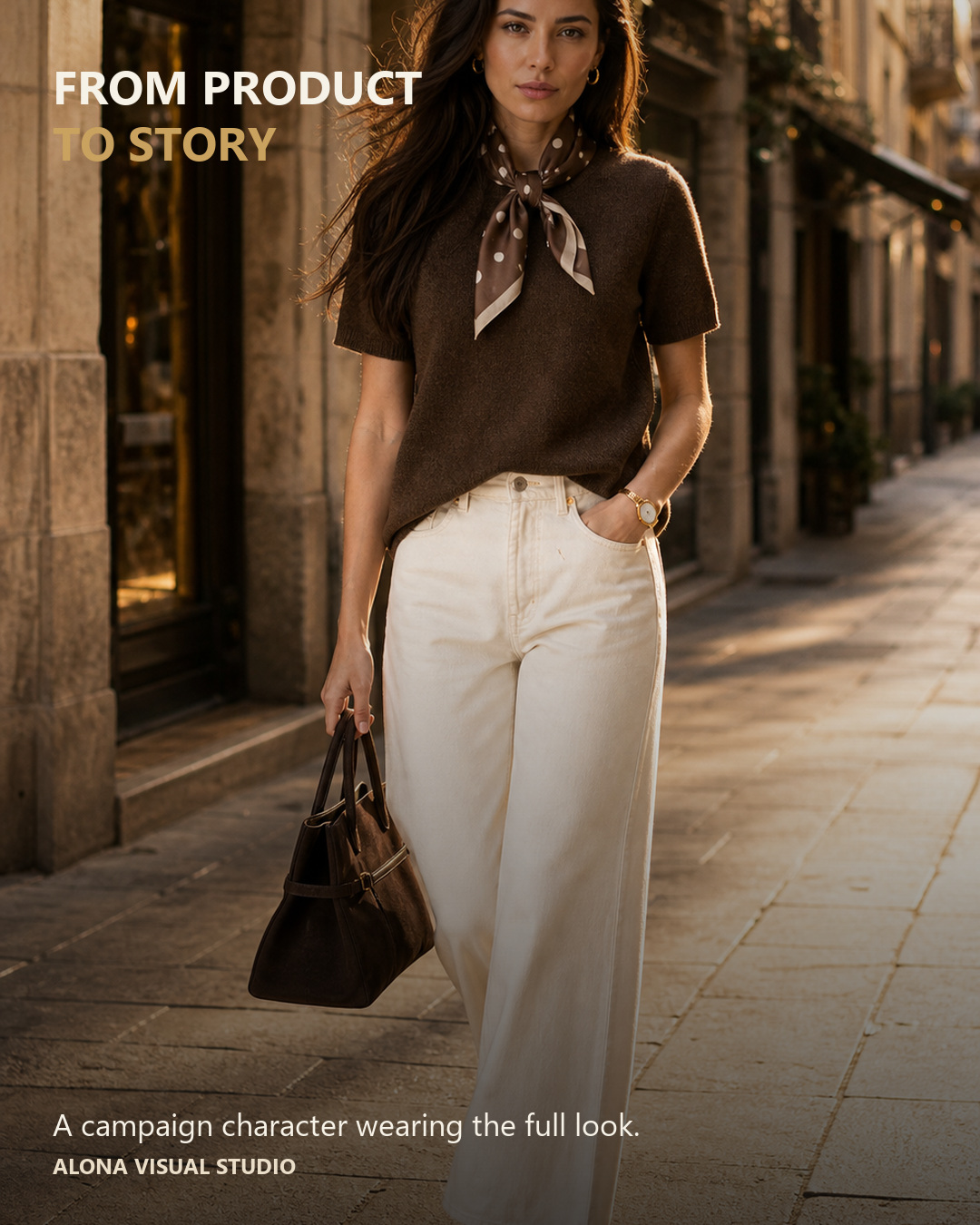 AI character wearing the outfit in a sunlit street