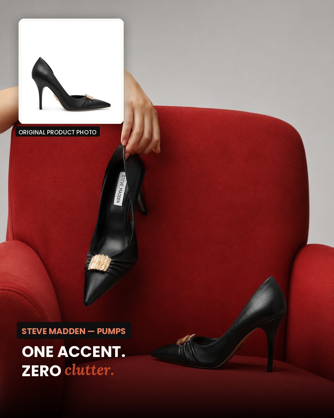 Black heeled shoes against a red chair with the source product inset