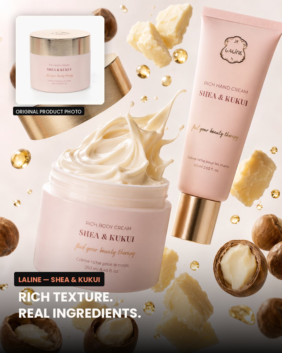 Beauty product concept with cream textures and ingredients, alongside its reference
