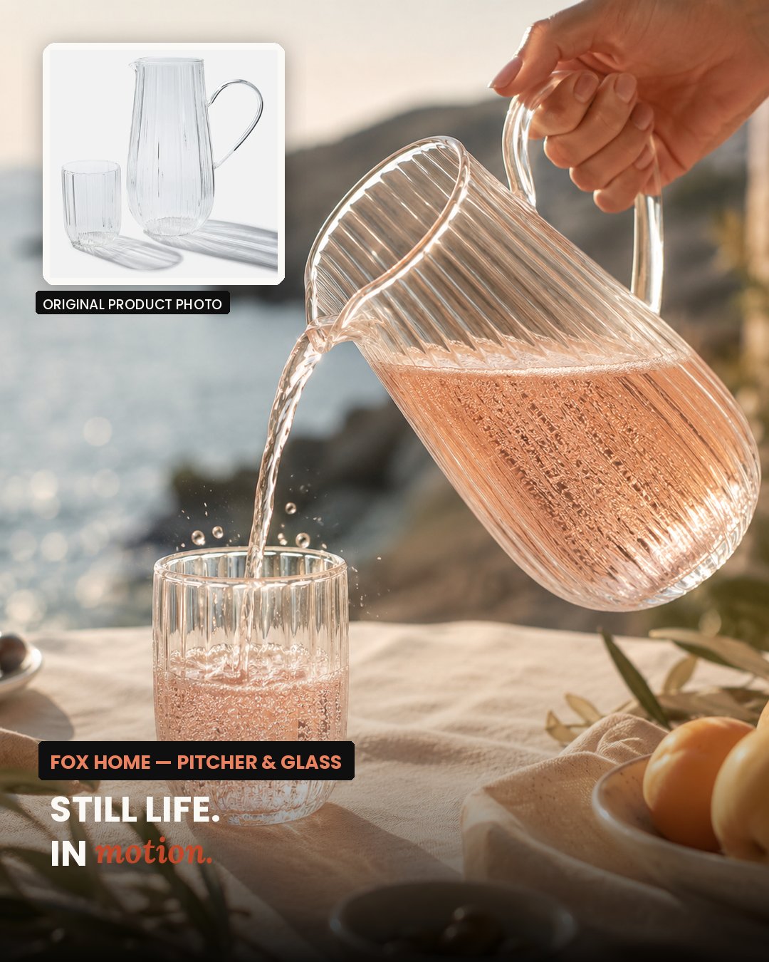 Glass pitcher and glass in warm natural light, alongside the product reference